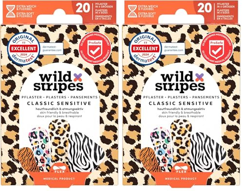 Wild Stripes Pflaster Set I Fingerpflaster I Classic Sensitive Animal I Hautfreundlich und Atmungsaktiv I Hypoallergen I Wundpflaster Wasserresistent I 24h Schutz I 20 Stück (Packung mit 2)