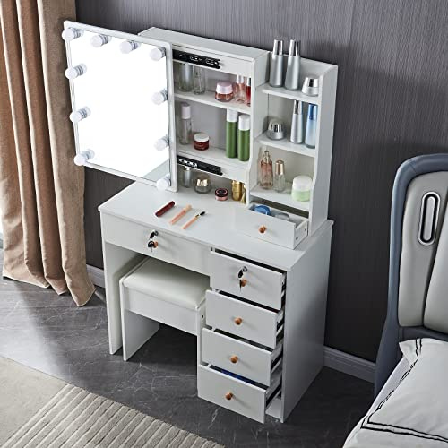 Onesaimei Dressing Table with Stool, Vanity Desk with 5 Drawers and Shelves, Mirror with Lights & 3 Color Modes, Bedroom Dresser Set
