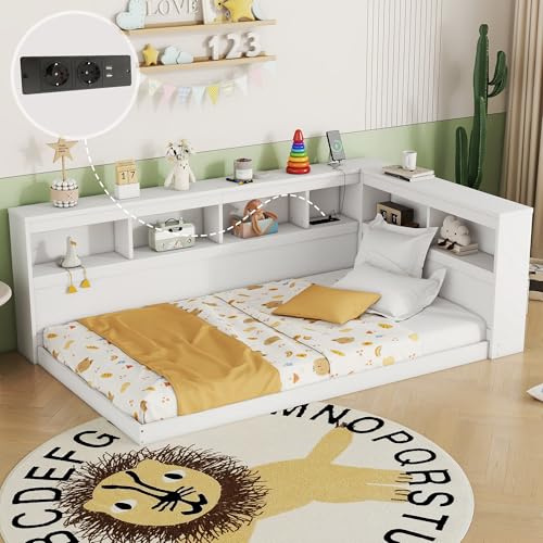 Lcoho Daybett, 90 x 200 cm, Schlafsofa, Tagesbett, Mit Steckdose und 2 USB-Anschlüssen, Bett mit Lattenrost (Ohne Matratze), Spanplatte (Weiß)