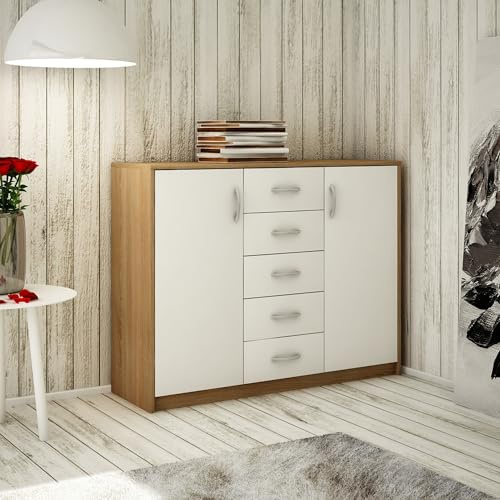Home Collective Kommode mit 5 Schubladen und 2 Türen in Matter Ausführung, Kommode 110cm breit mit hochwertigen Polymergriffen Holz Schrank mit Schubladen Aus laminierter Platte gefertigt Sonoma weiß
