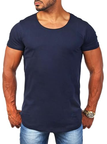 Young & Rich Herren Uni T-Shirt mit tiefem Rundhals Ausschnitt einfarbig körperbetontes Basic Tee Vintage Look 1702