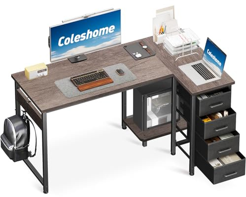 Coleshome Eckschreibtisch, 120x70cm Schreibtisch L Form mit 4 Schubladen, Umkehrbarer Computertisch for Büro Arbeitszimmer Schlafzimmer, Grey
