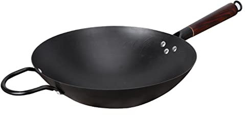 CHFYIJYHM Padella wok in ghisa, wok cinese in ferro martellato a mano e padelle per friggere, pentola antiaderente con manici in acciaio inossidabile per elettrico/induzione, 32 cm (32 cm)