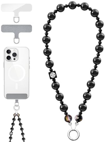 Vihibii Phone Charm Wrist Strap with 2* Tether Tab, Black | Anti-Drop Cell Lanyard, Fashion Pearl Beaded for Phone Case, Detachable Anti Theft Strap for Women Girls, Stylish Phone Chain