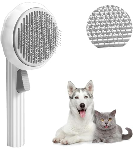 Selbstreinigende Haustier Bürste für Hunde und Katzen, Fellpflege-Kamm mit Reinigungstaste, Katzenbürste Hundebürste Katzenkamm mit Griff, Weiß