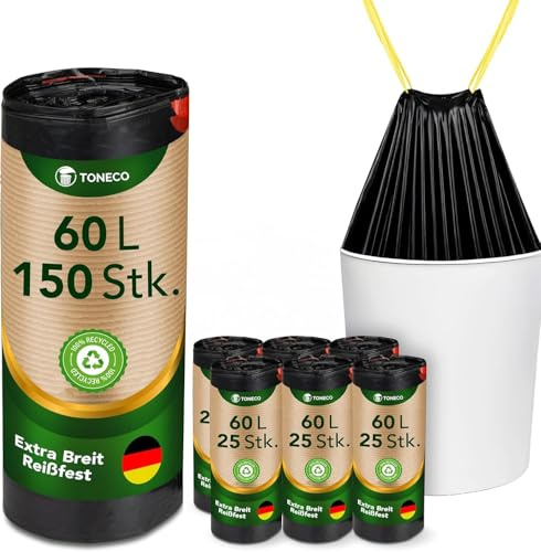Toneco Müllbeutel 60L - MIT ZUGBAND - EXTRA BREIT & EXTRA STARK - 150 Beutel - reißfest & dicht - stabile Müllsäcke 60L - Fixierband Mülltüten -100% recycelt - für den Hausmüll - 6 Rollen à25 (150)
