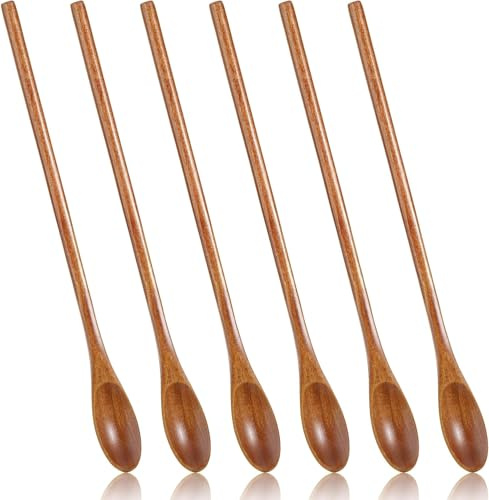 Yuiturt 6 Stück Lange Holzlöffel mit Griff Set: Handgefertigte Nanmu Kaffeelöffel, Japanischer Stil Rührlöffel für Tee Desserts Suppen, Umweltfreundlich