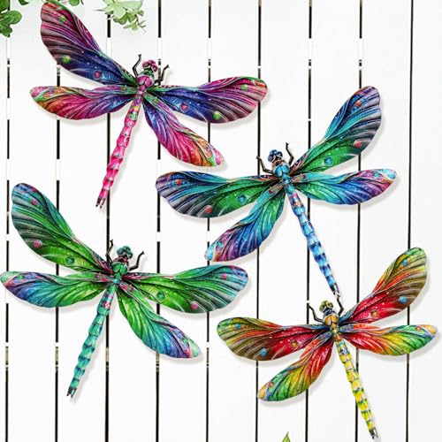 Velibobo 4Pcs Dragonfly Wall Art Garden Ornaments, Metal Hanging Dragonfly Outdoor Wall Decortions for Fence Garden Yard Shed Walls Kitchen Art Decor