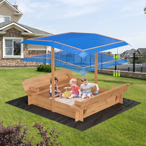 Outdoor Wooden Sandbox with Adjustable Canopy | Convertible Bench Cover | Rain & Sun Protection | Play Station | Includes Non-Woven Liner, for Backyards & Playgrounds