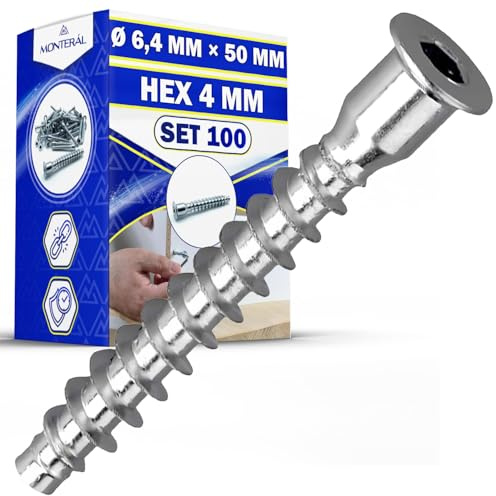 100 Pieces Confirmat Wood Screws Set Ø 6,4 mm x 50 mm HEX 4 mm | for Joining Furniture Chipboard and MDF Boards - MONTERAL