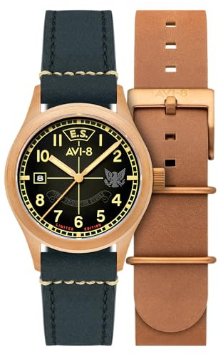AVI-8 Flyboy Eagle Squadron - Orologio automatico da uomo, 39 mm, in bronzo, edizione limitata, con cinturino in pelle, AV-4145, Gravesend