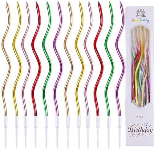 ZHAOYCSH 36 Stück Spiral Geburtstagskerzen, Mehrfarbige Metallische Kuchenkerzen mit Halter – Lange & Dünne Gebogene Kerzen für Geburtstag, Hochzeit, Partydekoration (Mehrfarbige)