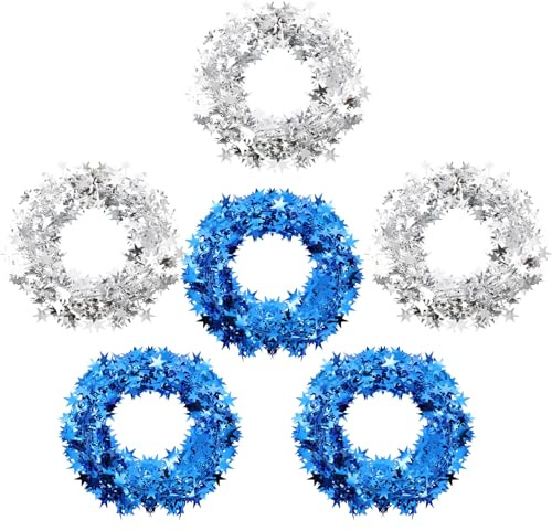 Shappy 147.6 ft Star Garland Wired Silver and Blue Christmas Tinsel Garland for Tree Metallic Small Mini, 6 Rolls for Decorations