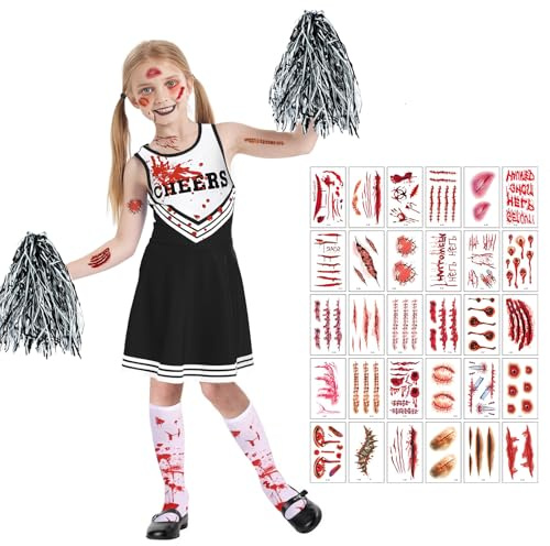 Halloween Kostüm Kinder Mädchen Set, Zombie Cheerleader Kostüm, 4-Teiliges Halloween Outfit Kinder mit Uniform Kleid, Pompons, Socken und Tattoos, Gruselig oder Niedlich für Karneval & Sportevents