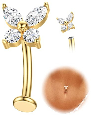 KRFY Navelpiercing titan guld silver allergivänlig navelpiercing 14G navelpiercingar hjärta blomma fjäril boll internt flytande navel piercing 10/12 mm