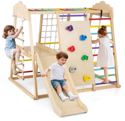 COSTWAY 8 in 1 Set da Arrampicata per Bambini, Palestra in Legno da Interno con Sbarre Scivolo Altalena Scala in Corda e Roccia/Rete da Arrampicata, per Bambini 3 Anni+ (Colorato)
