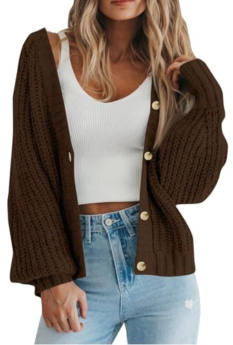 Linkpig Cardigan da donna corto a maglia, con scollo a V, abbottonatura, apertura frontale, elegante, casual, maglione invernale, caffè, S