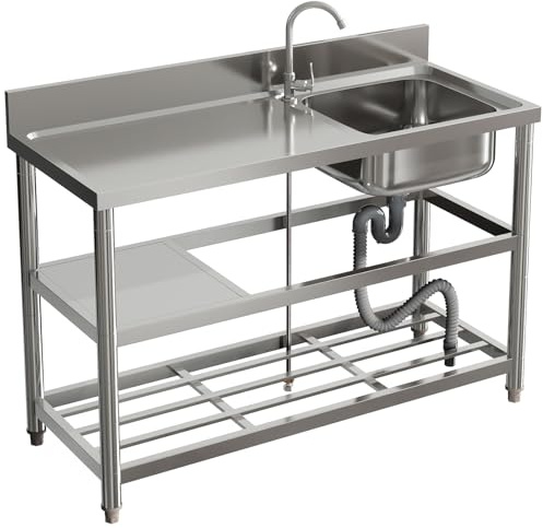 3-Tier Stainless Steel Commercial Sink - Free Standing Kitchen Unit with Storage Shelf, Single Bowl Outdoor Camping Washbasin & Drainer Kit, 120x50x89.5cm
