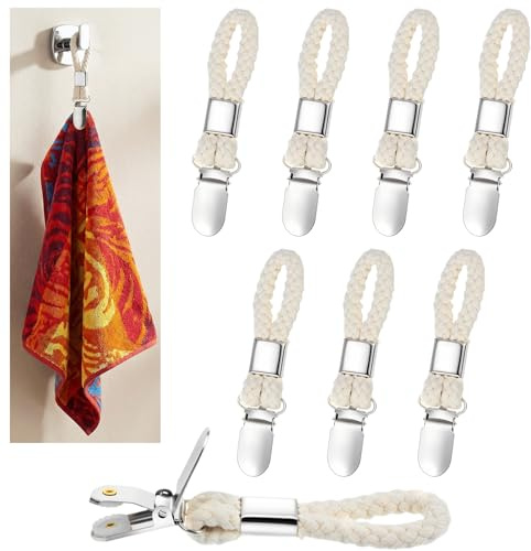 Ouligay 8PCS Kitchen Towel Clips, Hanging Tea Towels Clip with Loop Cotton, Bath Towels with Hanging Loop Beige Kitchen Hand Towel Holder Hook for Home Bathroom Cupboards Cloth Hanger Holder
