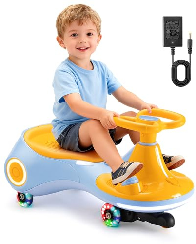 DollarDash Auto a dondolo elettrica per bambini 12V, giocattolo 3-in-1 con pedale, batteria ricaricabile, 3 modalità, anti-ribaltamento, ruote luminose, musica, età 3-8 anni, 30-70kg, giallo blu