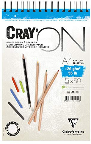 Clairefontaine 975024C Zeichenblock Cray’On (120 g, ideal für Trockentechnik, 50 Blatt, DIN A4, 21 x 29,7 cm, Spiralbindung, mikroperforiert) extra weiß
