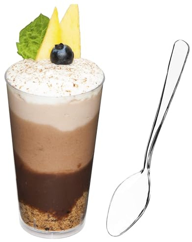 DLux 100 x 3 oz Mini Dessert Cups with Spoons, Shooter - Clear Plastic Parfait Appetizer Cup - Small Reusable Shooter Glass for Tasting Party Shooters Desserts Appetizers - With Recipe Ebook
