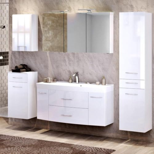 Lomadox Komplett Badmöbel Set in Hochglanz weiß 120cm Waschtisch & Unterschrank Waschbecken 3D Spiegelschrank & LED-Leuchten Steckdose Hochschrank Unterschrank Hängeschrank
