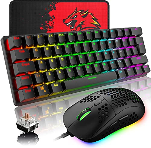 Clavier de jeu mécanique britannique RGB 14 effets rétroéclairés Mini 62 touches filaire Type C + souris légère RGB 6400 DPI nid d'abeille + tapis de souris compatible avec PS4, Xbox, PC (Black Brown)