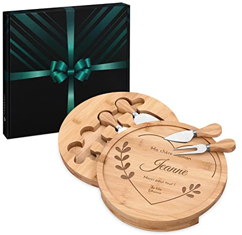 Maverton Plateau à Fromage en Bois - 25 cm Planche à Fromage avec Les Accessoires - Cadeau pour Les Amateurs de Fromage - Personnalisé - Anniversaire de Maman - Coeur