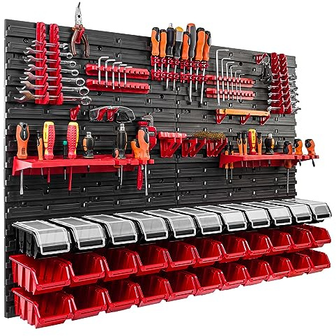 33 Stapelboxen Wandregal Kunststoff Deckel 115 x 78 cm Werkzeughalter Werkstatt Garage Lagersystem Sichtlagerkästen Schütte