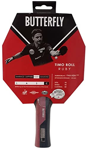 Butterfly Timo Boll Ruby bordtennisracket | ITTF-certifierad Pan Asia-beläggning för tävling med 1,8 mm svamp | för ambitiösa spelare
