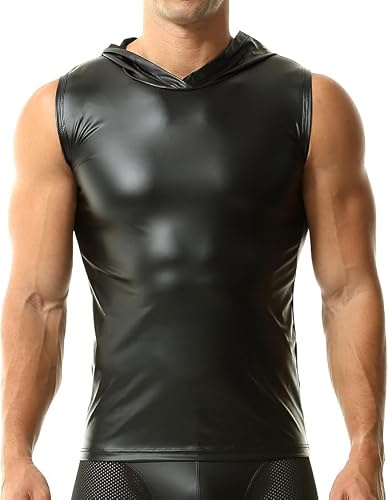 QiaTi Herren Kunstleder Tank Top Unterhemd Wetlook Kapuzen ärmellose Weste Muscle Shirt Clubwear