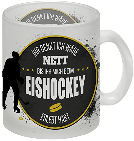 trendaffe Ihr denkt ich wäre nett bis ihr mich beim Eishockey erlebt habt Trinkglas Becher mit Innenseite und Griff in Schwarz mit Eishockey Motiv