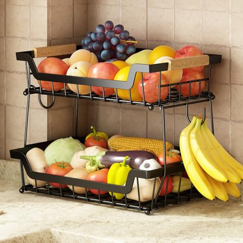 GILLAS Obstkorb mit 2 Etagen und 2 Bananenaufhängern für die Küche, abnehmbarer Metall-Organizer für Brot, Gemüse, Obst, mit Holzgriff, große Kapazität, rechteckiger Aufbewahrungsständer, Schüsseln,