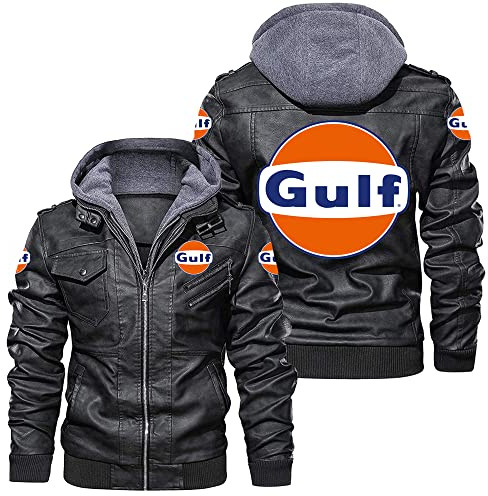 SHMIZZ Veste en cuir pour homme G-ul-f Print Hoodies hiver chaud moto blouson bomber coupe-vent avec capuche amovible Noir | XXL