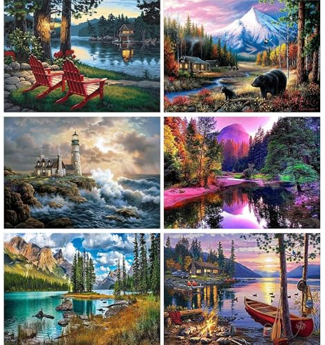 YALKIN Malen Nach Zahlen Erwachsene, 6 Stück Paint by Numbers Malen Nach Zahlen, DIY Landschaft mit Pinseln und Acrylfarben Handgemalt Ölgemälde Leinwand für Home Décor, Ohne Rahmen (30x40cm)