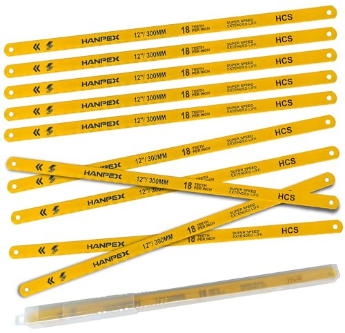Hanpex 300mm Hacksaw Replacement Blades (10 Pack) High Speed 18 TPI - 12 Length Hack Saw Blade - High Carbon Steel (HCS) Cutting Blades