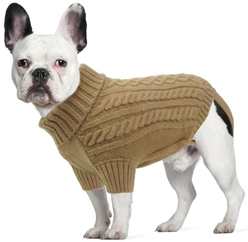 LiebeDD Hundepulli - Kuschelig Hundepullover Mittelgroße Hunde mit Geschirrloch und Beinschlaufe, Rollkragen Strick Pullover Hund Pullis für Französische Bulldogge Dackel, Dog Sweater (Kamel L)
