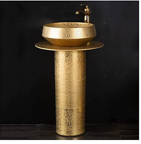 Kunst-Badezimmerwaschbecken mit vollem Sockel, Standwaschbecken Gold, modernes Keramik-Badezimmerwaschbecken, rundes freistehendes Waschbecken (Gold ohne Spiegel)