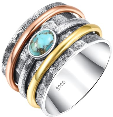 BONLAVIE Türkis Spinnerring Damen, Dreifarbiger Strukturierter Silberring 925 Anxiety Ring, Angst Ring, Geschenk Sterling Silber Ringe für Damen