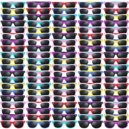 Oleitodh 96 Pack Kids Sunglasses Party Favors, Kid's Neon Sunglasses Bulk, Childrens Sunglasses Boys Girls Eyewear Pack for Goody Bag Fillers Summer Beach Pool Birthday Party Supplies Age for 3-8