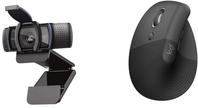 Logitech C920S HD Pro Webcam, Full HD 1080p/30fps Video Calling, Clear Stereo Audio & Lift Left Vertical Ergonomic Mouse, Left-handed, Wireless