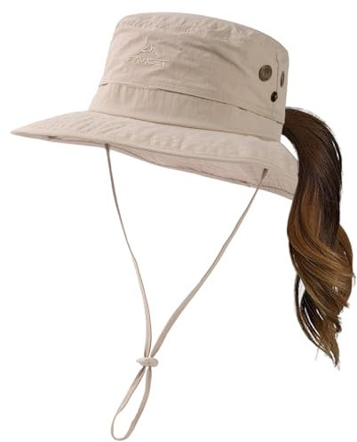 TOP-EX Sonnenhut für Damen, LSF 50, breite Krempe, UV-Schutz, wasserdicht, Safari-Hut, faltbar, Outdoor-Sonnenhut für Spaziergänge, Angeln, mit Pferdeschwanzloch, beige, M