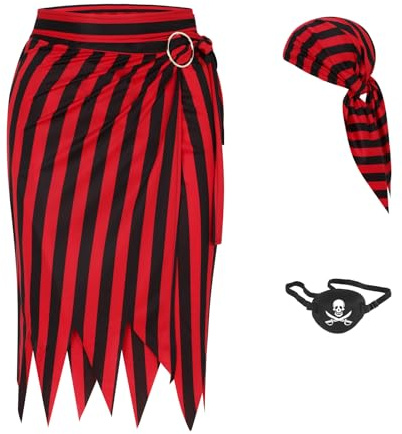 LIKUNGOU Pirate Kostüm Zubehör Damen Mittelalter Renaissance Piratenrock Kopftuch Augenklappe Halloween Kapitän Kostüm Party Outfit Zubehör (rot, L)