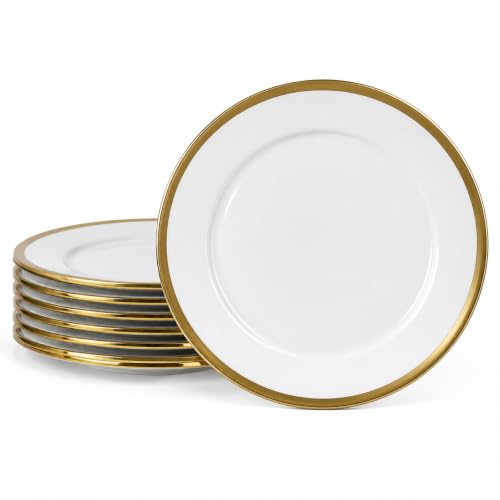 Loymokinar Lot de 6 assiettes plates rondes en céramique blanche avec bordure dorée, pour pain, salade, collation et amuse-gueule, assiettes à dessert élégantes en céramique de 25,4 cm