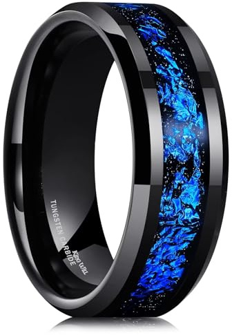 King Will Mens 8mm Black Tungsten Carbide Wedding Ring Blue Foils Inlay Tungsten Ring Beveled Edge Tungsten Ring Q (8.5)
