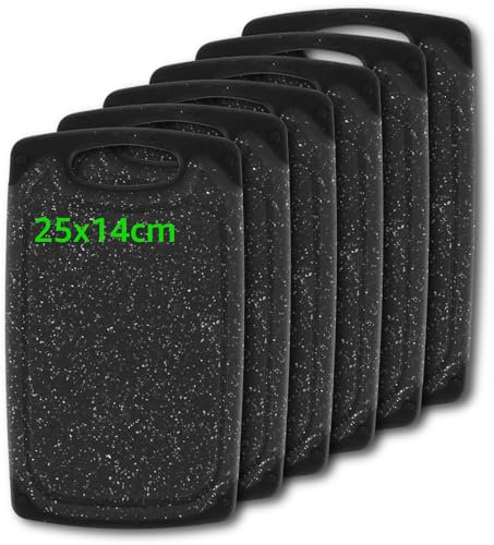 FWEEK Juego de 6 tablas de cortar de plástico, tablas de desayuno con surco y asa, tabla de cortar antimicrobiana de plástico, 25 x 14 cm, con aspecto de mármol, apta para lavavajillas, sin BPA