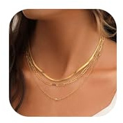 JeweBella 3 PCS Halskette Damen Edelstahl Gold 14K Vergoldet Flache Schlangenkette Figarokette Verstellbare Mehrreihige Set Layering Wasserfest Choker Schmuck