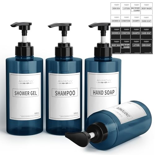 Anhow Tvåldispenser badrum 500 ml, 4 stycken duschdispenser för dusch badrum kök schampo duschtvål - blå