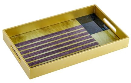 Baroni Home Vassoio Rettangolare con Fondo in Vetro a Fantasia Astratta, Vassoio da Portata con Bordo e Manici in Legno, Vassoio Decorato da Cucina, 40x24x4,5 cm, Oro Righe